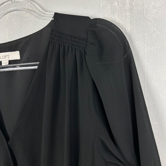 LOFT size 14 Tall black dress side ruched chiffon short sleeve v-neck side zip - Picture 9 of 14